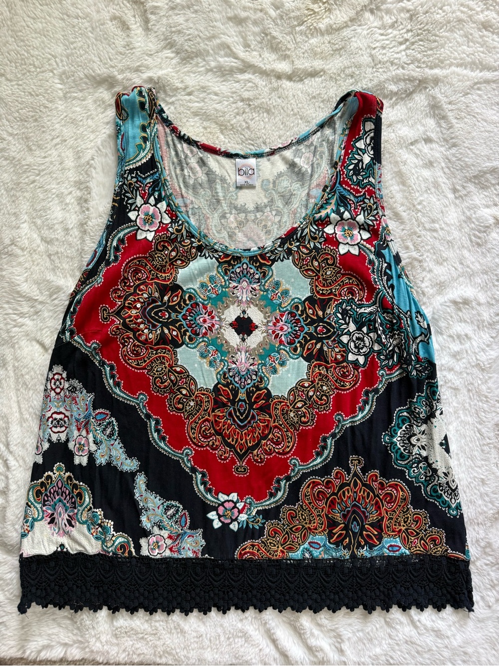NWOT Bila Multicolor Paisley Sequin Accent Lace-Hem Tank